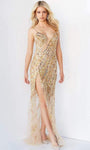 V-neck Floor Length Sequined Slit Back Zipper Jeweled Fitted Sheer Cutout Beaded Natural Waistline Sleeveless Spaghetti Strap Sheath Sheath Dress with a Brush/Sweep Train