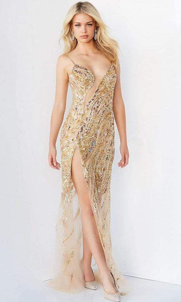 V-neck Natural Waistline Sheath Floor Length Sleeveless Spaghetti Strap Back Zipper Cutout Fitted Beaded Slit Sheer Jeweled Sequined Sheath Dress with a Brush/Sweep Train