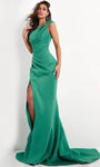 Sophisticated Floor Length One Shoulder Cutout Slit Ruched Fitted Asymmetric Hidden Back Zipper Natural Waistline Mermaid Evening Dress with a Brush/Sweep Train