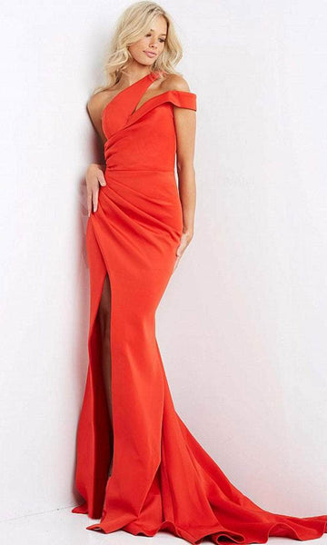 Sophisticated One Shoulder Fitted Ruched Hidden Back Zipper Asymmetric Cutout Slit Mermaid Floor Length Natural Waistline Evening Dress with a Brush/Sweep Train