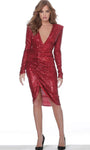 V-neck Ruched Sequined Fitted Hidden Back Zipper Sheath Natural Waistline Plunging Neck Cocktail Above the Knee Long Sleeves Sheath Dress/Evening Dress