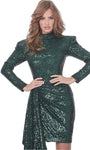 Tall Fitted Sequined Natural Waistline Long Sleeves High-Neck Metallic Sheath Cocktail Short Sheath Dress