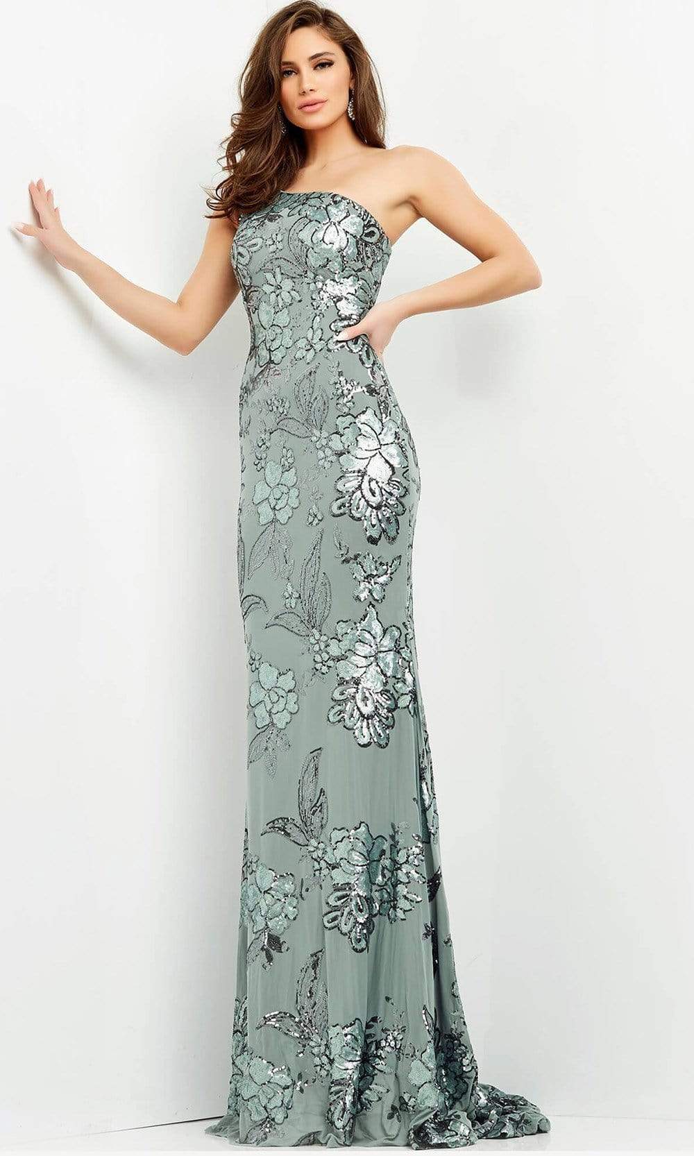 Jovani - 04331 Floral Sequin Embellished One Shoulder Fitted Gown
