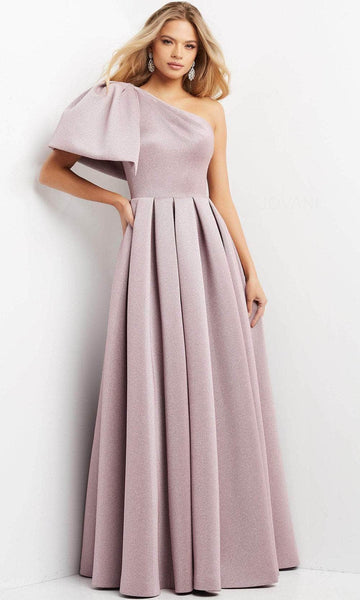 Sophisticated A-line Floor Length Short Puff Sleeves Sleeves One Shoulder Glittering Back Zipper Pleated Asymmetric Open-Back Natural Waistline Evening Dress with a Brush/Sweep Train