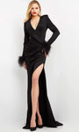 V-neck Floor Length Slit Fitted Sheath Long Sleeves Natural Waistline Plunging Neck Sheath Dress/Evening Dress with a Brush/Sweep Train