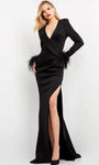 V-neck Natural Waistline Plunging Neck Long Sleeves Slit Fitted Floor Length Sheath Sheath Dress/Evening Dress with a Brush/Sweep Train