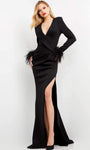 V-neck Plunging Neck Long Sleeves Natural Waistline Sheath Floor Length Fitted Slit Sheath Dress/Evening Dress with a Brush/Sweep Train