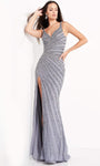 V-neck Striped Print Sheath Sleeveless Gathered Side Zipper Beaded Open-Back Slit Natural Waistline Plunging Neck Sheath Dress with a Brush/Sweep Train