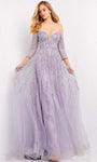 A-line Plunging Neck Sweetheart Tulle Floor Length 3/4 Sleeves Off the Shoulder Natural Waistline Back Zipper Crystal Sheer Beaded Dress with a Brush/Sweep Train