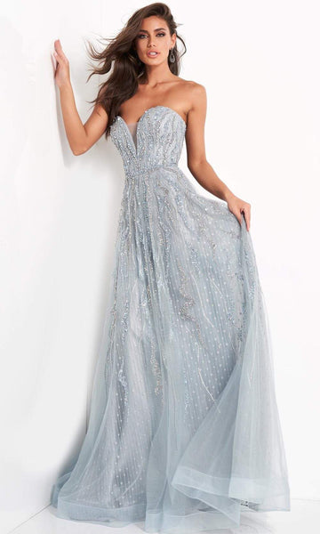 A-line Strapless Natural Waistline Floor Length Plunging Neck Sweetheart Jeweled Beaded Open-Back Back Zipper Illusion Sheer Dress with a Court Train With Rhinestones