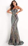 Strapless Geometric Print Floor Length Natural Waistline Scoop Neck Fitted Open-Back Beaded Sequined Hidden Back Zipper Mermaid Dress with a Brush/Sweep Train