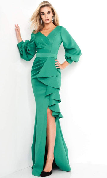 Sophisticated Modest V-neck Long Sleeves Ruched Fitted Slit Natural Waistline Sheath Sheath Dress/Evening Dress/Mother-of-the-Bride Dress With Ruffles