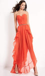 A-line Strapless Gathered Ruched Beaded Asymmetric Open-Back Slit Sweetheart High-Low-Hem Chiffon Ruffle Trim Natural Waistline Dress