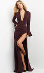 Sophisticated V-neck Sheath Natural Waistline Long Sleeves Slit Back Zipper Fitted Plunging Neck Floor Length Sheath Dress/Evening Dress with a Brush/Sweep Train