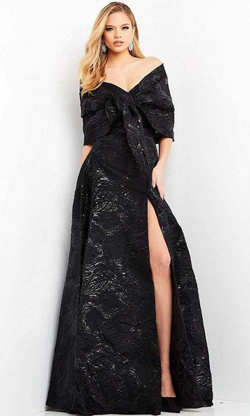 Sexy A-line Floor Length Embroidered Jacquard Slit Off the Shoulder Natural Waistline Dress with a Brush/Sweep Train With a Ribbon