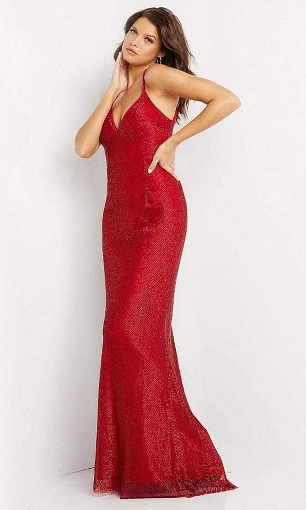 Jovani - 05057 V Neck Shiny Sheath Gown
