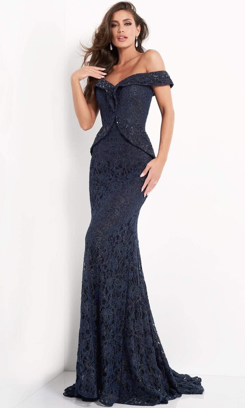 Jovani - 05059 Embellished Lace Off Shoulder Sheath Dress
