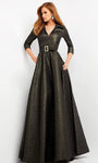 Tall A-line V-neck Belted Pocketed Natural Waistline Floor Length Metallic Collared Dress