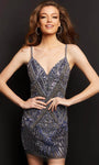 Sexy Sophisticated V-neck Strapless Sequined Beaded Open-Back Back Zipper Fitted Lace Halter Sleeveless Spaghetti Strap Natural Waistline Short Sheath Sheath Dress