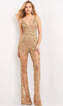 V-neck Open-Back Beaded Back Zipper Sheer Sleeveless Natural Waistline Floor Length Jumpsuit