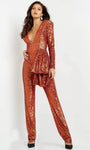 V-neck Floor Length Long Sleeves Natural Waistline Sequined Plunging Neck Jumpsuit With Ruffles