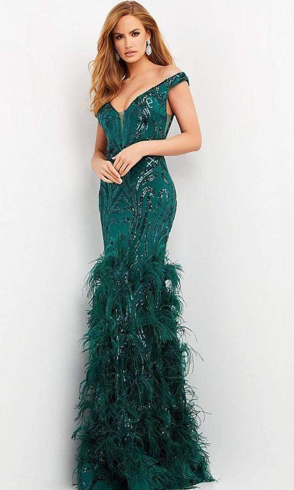 Jovani - 05660 Off Shoulder Sequined and Feathered Gown
