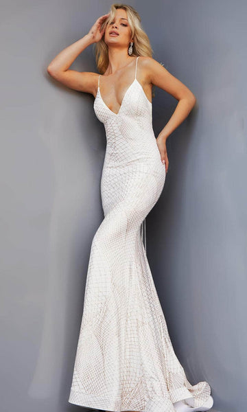 V-neck Jersey Sleeveless Spaghetti Strap Floor Length Geometric Print Natural Waistline Lace-Up Open-Back Fitted Glittering Sequined Plunging Neck Mermaid Prom Dress with a Brush/Sweep Train