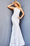 Natural Waistline Floor Length Illusion Sequined Open-Back Geometric Print One Shoulder Sleeveless Mermaid Dress with a Brush/Sweep Train