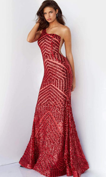 One Shoulder Sleeveless Natural Waistline Floor Length Open-Back Illusion Sequined Mermaid Geometric Print Dress with a Brush/Sweep Train