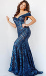 Sexy Sophisticated Off the Shoulder Geometric Print Fit-and-Flare Mermaid Natural Waistline V Back Illusion Sequined Fitted Prom Dress with a Brush/Sweep Train