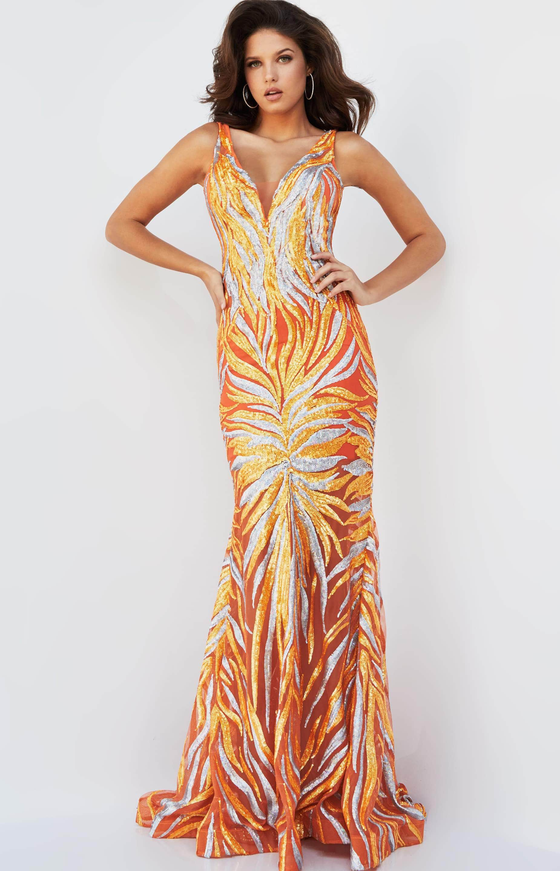 Jovani - 06153 Sequin Plunging V Neck Trumpet Dress
