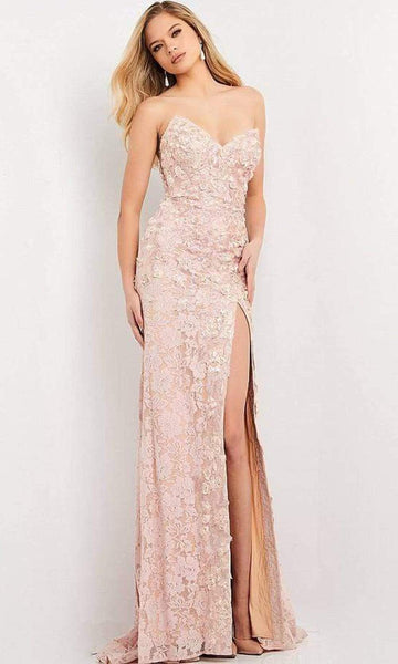 Sophisticated Strapless Sweetheart Floral Print Slit Sheath Lace Natural Waistline Floor Length Sheath Dress/Pageant Dress/Prom Dress with a Brush/Sweep Train