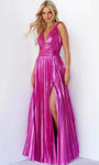 Tall A-line V-neck Plunging Neck Metallic Sleeveless Open-Back Pleated Back Zipper Slit Floor Length Natural Waistline Dress