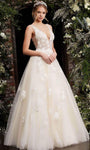 V-neck Sleeveless Natural Waistline Applique Sheer V Back Semi Sheer Tulle Floral Print Plunging Neck Wedding Dress