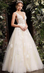 V-neck Floral Print Sleeveless Natural Waistline Sheer Semi Sheer V Back Applique Tulle Plunging Neck Wedding Dress