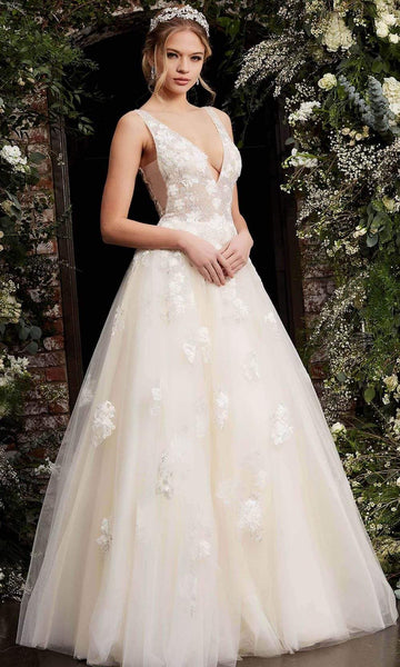 V-neck Plunging Neck Natural Waistline Semi Sheer Sheer Applique V Back Floral Print Tulle Sleeveless Wedding Dress