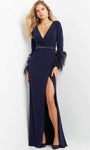 V-neck Plunging Neck Ruched Slit Beaded Back Zipper Faux Wrap Floor Length Sheath Long Sleeves Natural Waistline Sheath Dress/Evening Dress