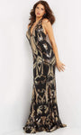 Geometric Print Sheath Sleeveless Natural Waistline Sequined Open-Back Halter Plunging Neck Sheath Dress with a Brush/Sweep Train