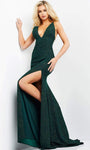 V-neck Sheath Natural Waistline Glittering Slit Open-Back Racerback Sleeveless Floor Length Plunging Neck Sheath Dress/Evening Dress/Prom Dress with a Brush/Sweep Train