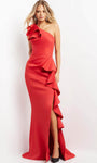 Asymmetric Open-Back Slit One Shoulder Natural Waistline Ruffle Trim Mermaid Evening Dress with a Brush/Sweep Train