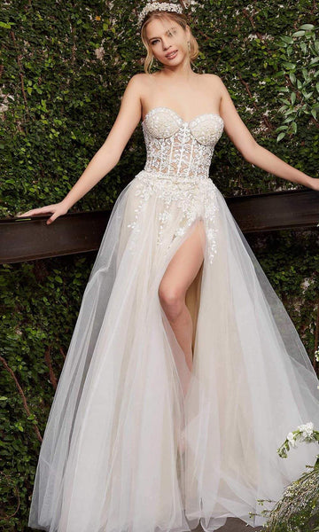 Sexy Strapless Sweetheart Corset Natural Waistline Pleated Slit Wedding Dress