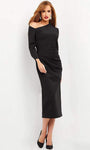 Long Sleeves Sheath Back Zipper Pleated Ruched Fitted Asymmetric Natural Waistline Tea Length Sheath Dress/Evening Dress