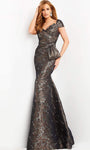 Tall V-neck Pleated Mermaid Natural Waistline Cap Sleeves Metallic Dress with a Brush/Sweep Train With a Ribbon