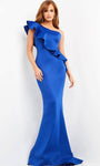 Sophisticated Mermaid Natural Waistline Draped Asymmetric Cap Sleeves One Shoulder Evening Dress with a Brush/Sweep Train With Ruffles