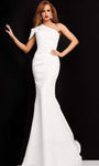 Sophisticated One Shoulder Mermaid Natural Waistline Floor Length Pleated Asymmetric Fitted Back Zipper Evening Dress/Prom Dress with a Court Train with a Brush/Sweep Train