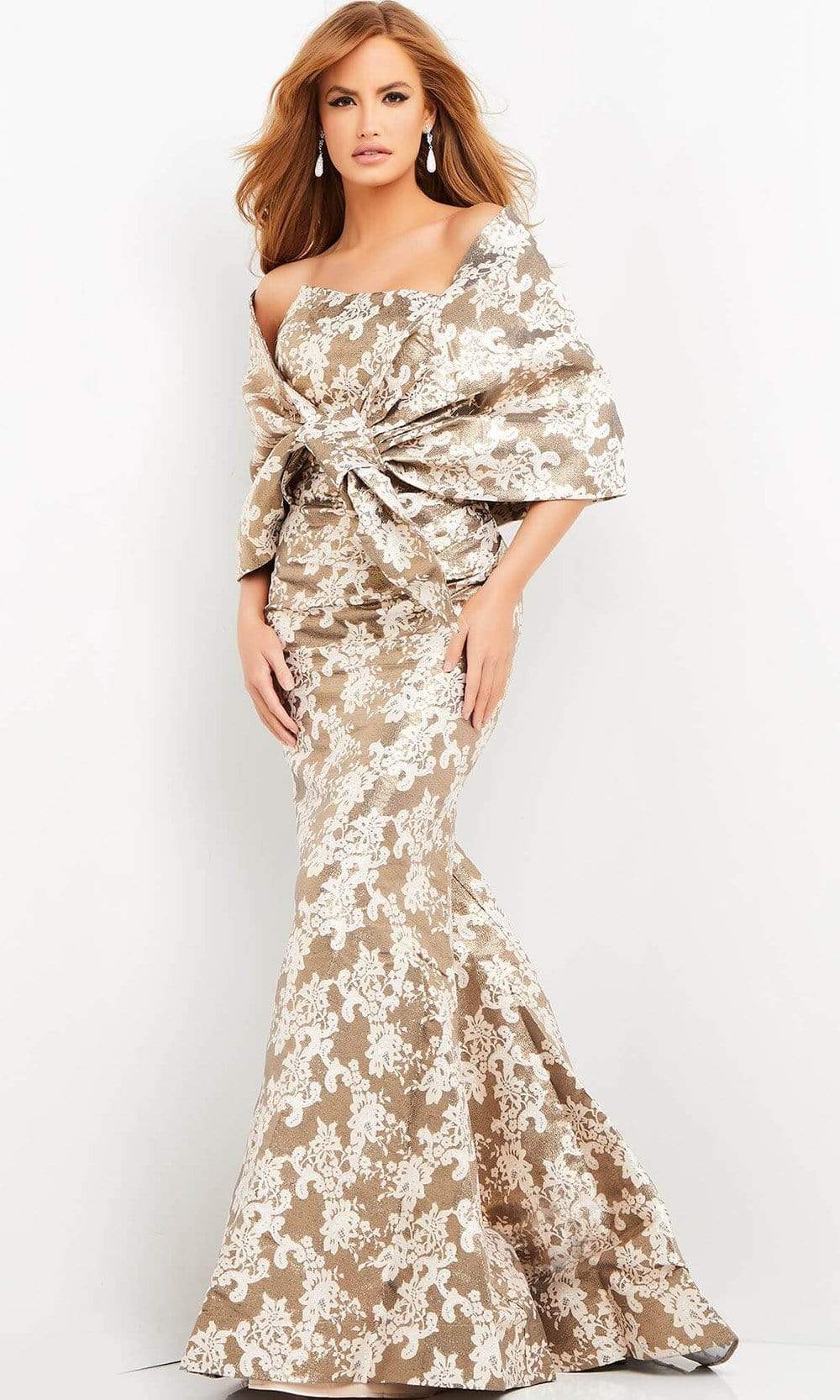 Jovani - 06760 Shawl Draped Floral Mermaid Dress
