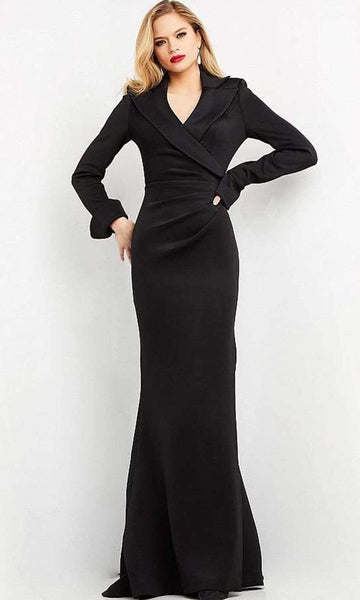 Modest V-neck Floor Length Collared Natural Waistline Pleated Fitted Sheath Long Sleeves Sheath Dress/Evening Dress/Mother-of-the-Bride Dress with a Brush/Sweep Train