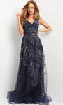 A-line V-neck Sleeveless General Print Fitted Sheer Natural Waistline Floor Length Evening Dress with a Brush/Sweep Train