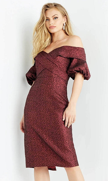 Tall Sheath Puff Sleeves Sleeves Off the Shoulder Above the Knee Slit Fitted Back Zipper Open-Back Pleated Natural Waistline Metallic General Print Sheath Dress