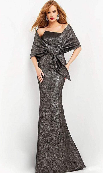 Tall Modest Strapless Metallic Natural Waistline Off the Shoulder Fitted Asymmetric Open-Back Jacquard Wrap Mermaid Floor Length Evening Dress with a Brush/Sweep Train